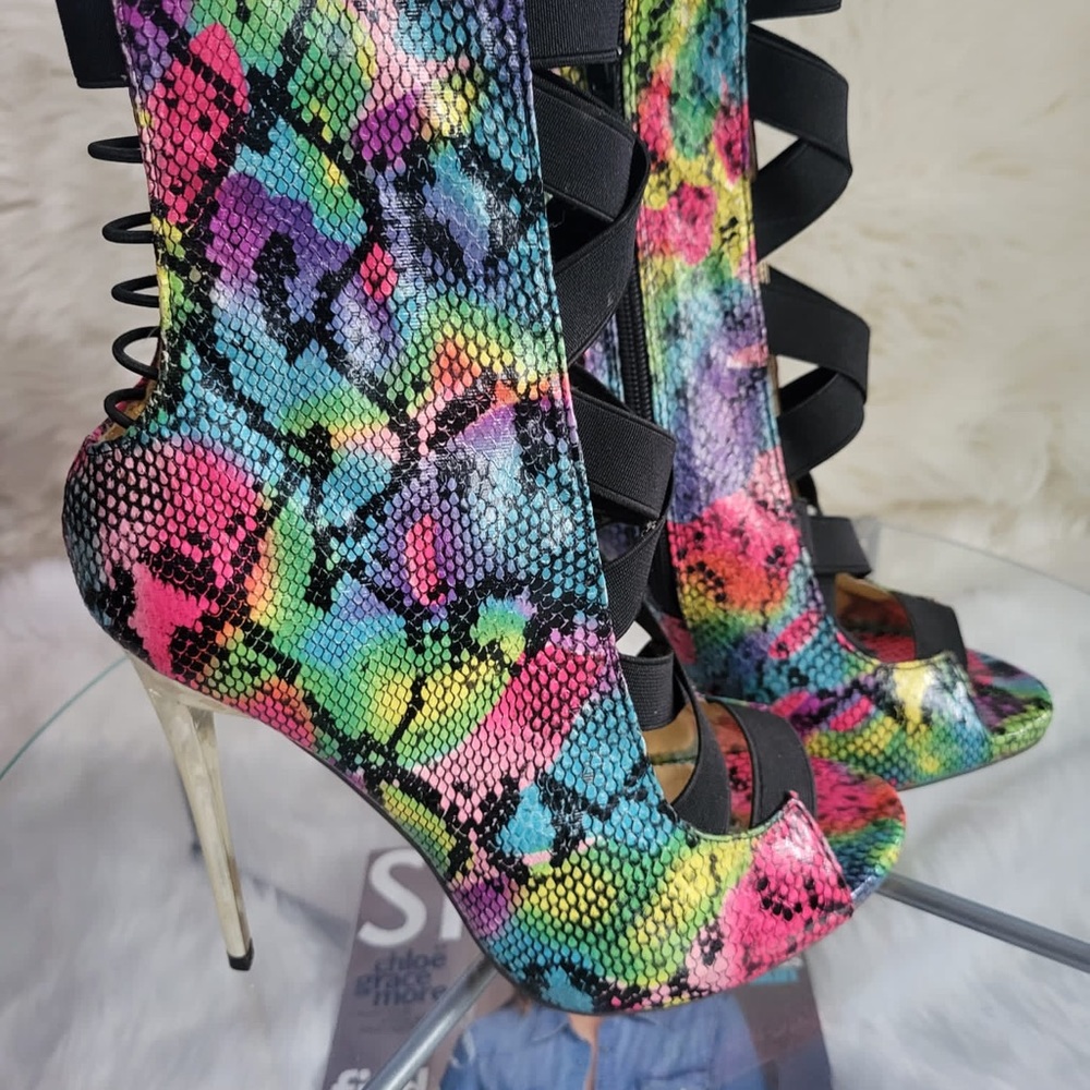 COPY - MULTICOLOR OPEN PEEP TOE STILETTO HEEL ANKLE BOOTIE WITH ELASTIC STRAPS